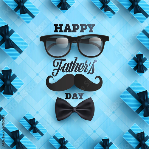 Father's Day poster or banner template with necktie,glasses and gift box on blue background.Greetings and presents for Father's Day in flat lay styling.Promotion and shopping template for love dad