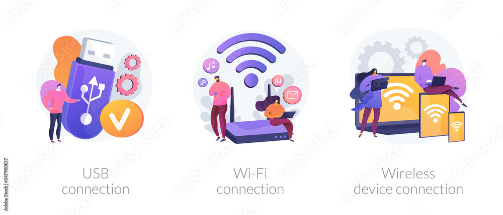 Remote connected devices. Wireless Internet router, modem, data storage device. USB connection, Wi-Fi distance device connection metaphors. Vector isolated concept metaphor illustrations.
