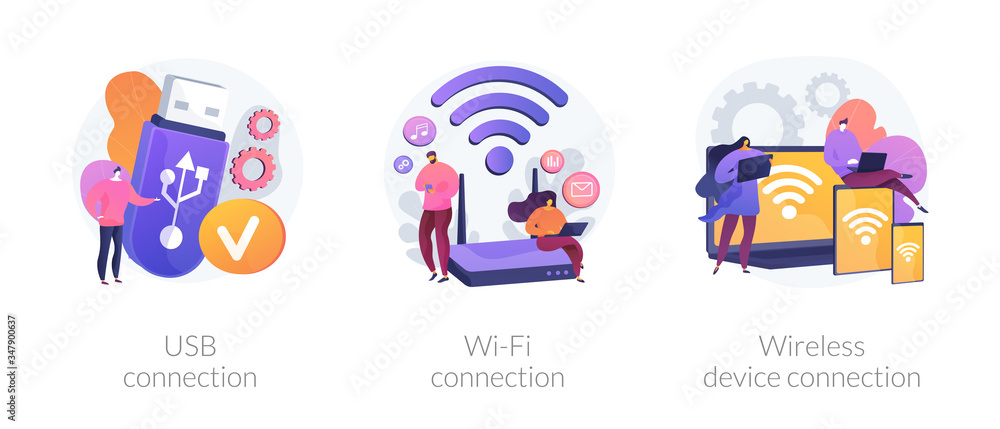Fototapeta premium Remote connected devices. Wireless Internet router, modem, data storage device. USB connection, Wi-Fi distance device connection metaphors. Vector isolated concept metaphor illustrations.