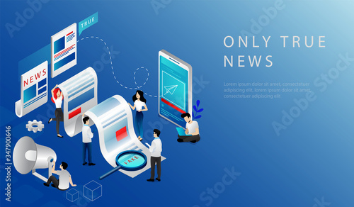 Isometric 3D Concept Of Breaking Latest News. Website Landing Page. News Update, Online News. People Publishing True News Based On Information From Reporters. Web Page Cartoon Vector Illustration