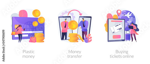 Electronic transactions abstract concept vector illustration set. Plastic money, money transfer, buying tickets online, credit and debit card, online cashback service, shopping abstract metaphor.