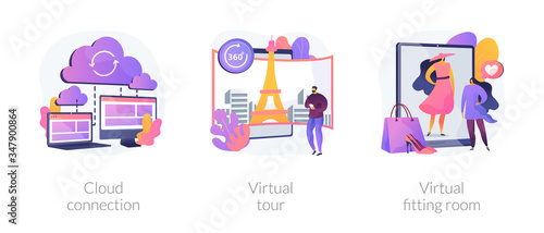 Online data transfer and virtual experience abstract concept vector illustration set. Cloud connection, virtual tour, virtual fitting room, internet connection, web 3d tour abstract metaphor.