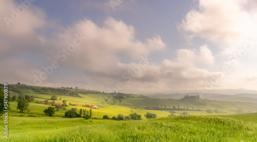 Green landscape with clouds. Early May morning in   San Quirico D orcia   Tuscany - Italy.