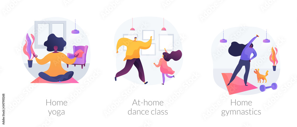 Stay active amid quarantine abstract concept vector illustration set. Home yoga, at-home dance class, home gymnastics, quarantine training, online lesson, video tutorial, workout abstract metaphor. Stay active amid quarantine abstract concept vector illustration set. Home yoga, at-home dance class, home gymnastics, quarantine training, online lesson, video tutorial, workout abstract metaphor.