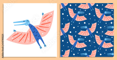 Little cute blue ornithosaurian dinosaur. Prehistoric animals. Jurassic world. Paleontology. Reptile. Archeology.  Flat colourful vector illustration, art. Dinosaur seamless pattern on background.