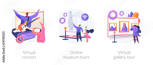 Quarantine leasure time abstract concept vector illustration set. Virtual concert, online museum tours, virtual gallery exhibition tour, art therapy, social distance, stay home abstract metaphor.