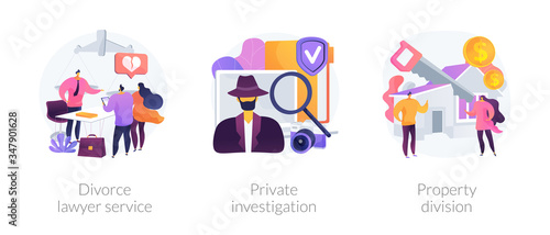 Legal service and investigation abstract concept vector illustration set. Divorce lawyer, private investigation, property division, family lawyer, detective agency, separation abstract metaphor.