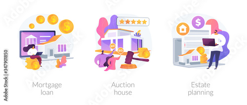 Residential and commercial property abstract concept vector illustration set. Real estate services, mortgage loan, auction house, estate planning, down payment, attorney advise abstract metaphor.
