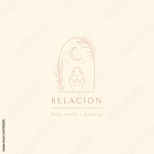 abstract hand drawn crescent moon logo with greek amphora, stars and olive brunches leaves in a frame. icon, vector illustration in trendy line linear art style. Branding