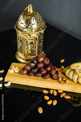 Islamic greeting Eid Mubarak cards for Muslim Holidays  fruits dates  pomegranate  nuts  figs