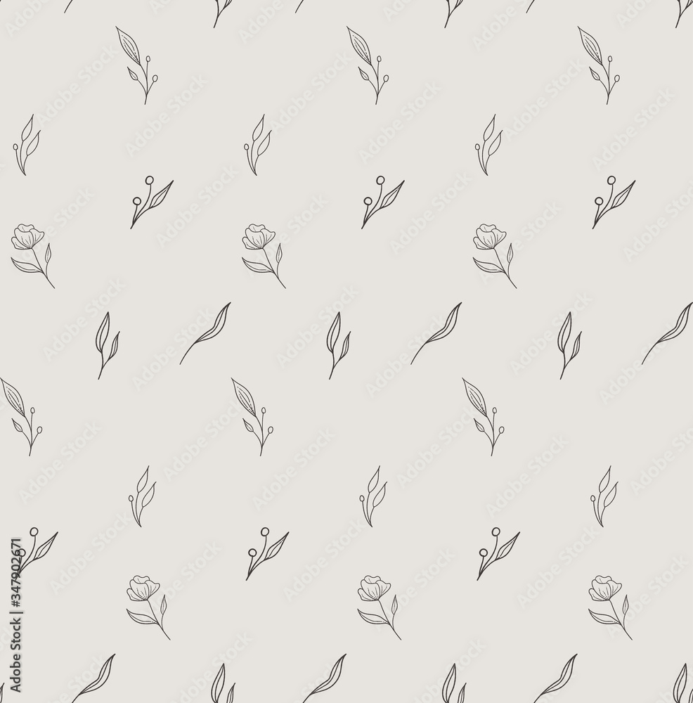 Vector Hand Drawn Line Drawing Doodle Floral Seamless Pattern with Wildflowers, Flowers, Plants, Branches, Leaves. Design Elements Illustration. Branding. Swatch Vector Hand Drawn Line Drawing Doodle Floral Seamless Pattern with Wildflowers, Flowers, Plants, Branches, Leaves. Design Elements Illustration. Branding. Swatch