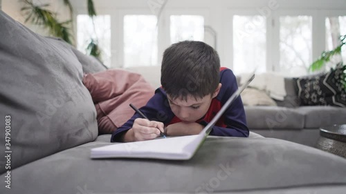 Young boy writing in his journal on living room sofa