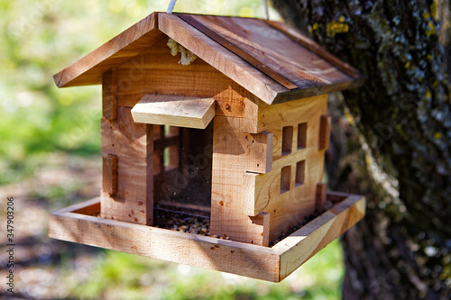 Wood cabin birdhouse for birds in tree in spring © andrey