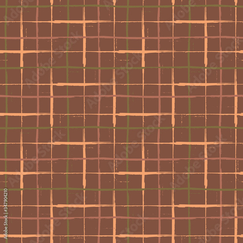Grunge line vector seamless grid pattern background. Organic painterly ink brush stroke style criss cross backdrop. Irregular overlapping plaid style design. Brown tone weave effect all over print