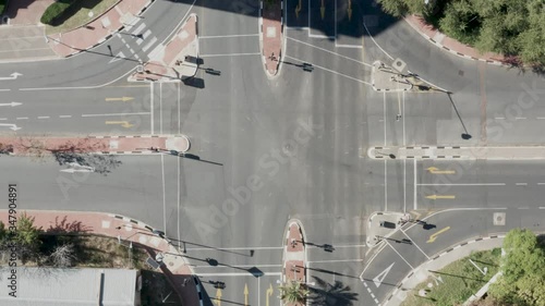 Aerial view of a large empty traffic intersection in Sandton, Johannesburg during the covid-19 coronavirus lockdown. 