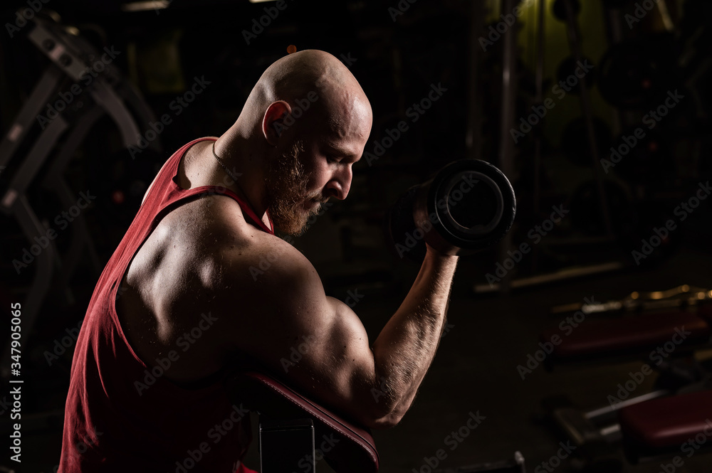 Bald cute man with a beard is doing biceps exercise. The young guy is engaged in bodybuilding. Trainer in the gym with muscular arms.