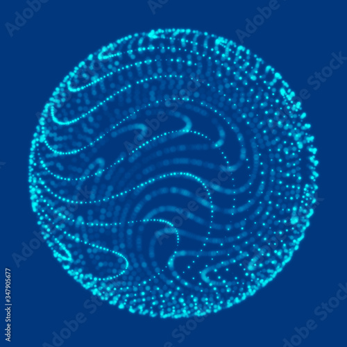 Abstract blue 3d sphere made of points. Futuristic technology style. Sphere particles. Plexus effect. 3d rendering.