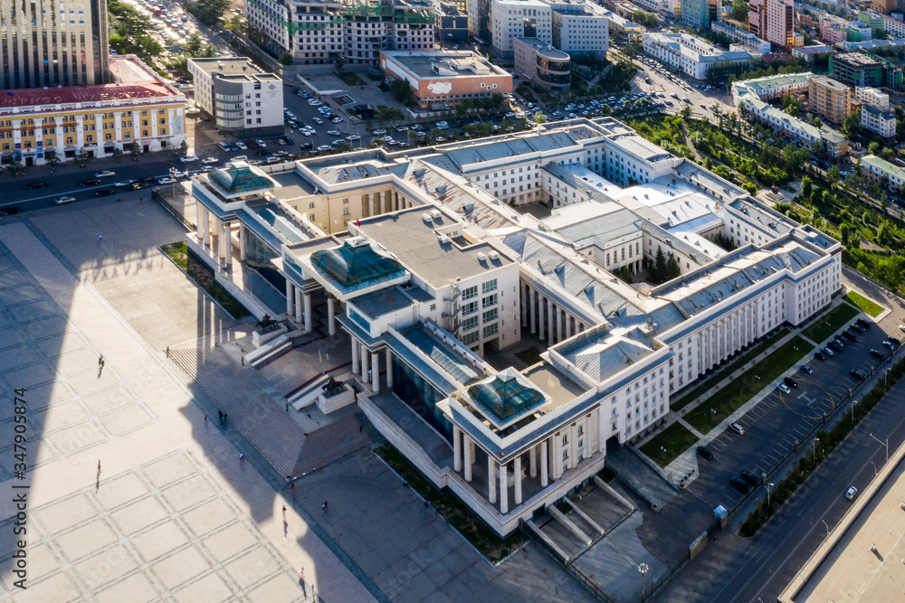 Aerial view of the Mongolian Parliament Building in Ulaanbaatar, the capital of Mongolia, circa June 2019