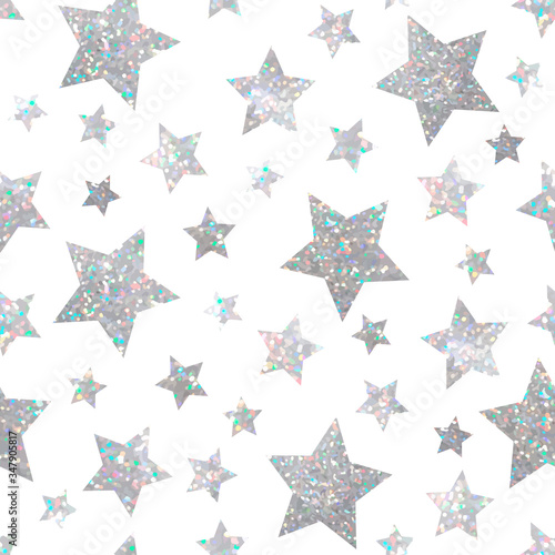 Sparkle seamless pattern with holographic silver glitter stars on white background