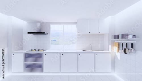 3d rendering of kitchen room and white tile floor clean and new surface.