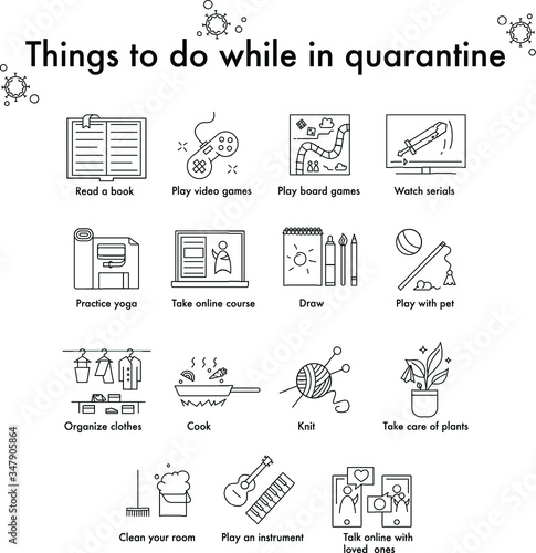 Things to do while in quarantine.  Self-isolation at home because of coronavirus. Various hobbies in isolation.