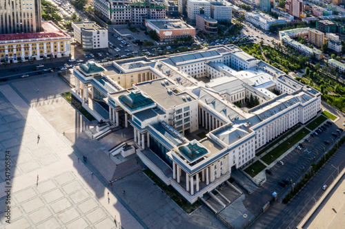 Aerial view of the Mongolian Parliament Building in Ulaanbaatar, the capital of Mongolia, circa June 2019 © Travel Stock
