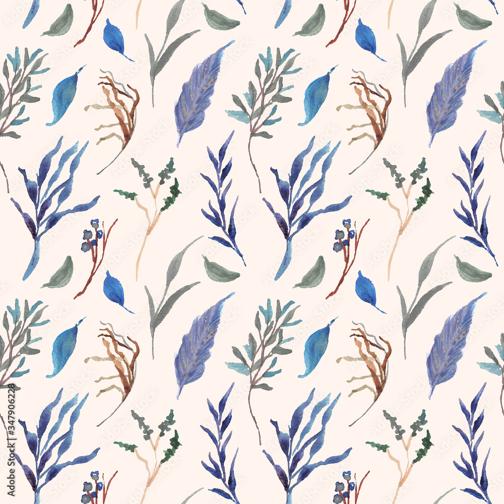 Fototapeta premium blue green leaves and branches watercolor seamless pattern