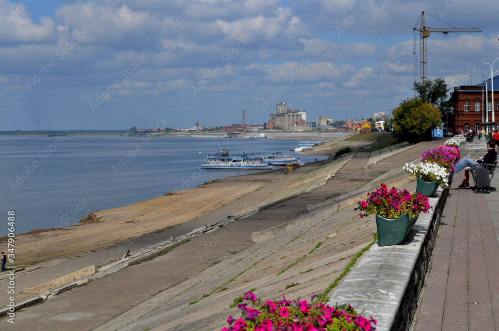 Embankment of the Tom River in the center of the Siberian city of Tomsk in Russia