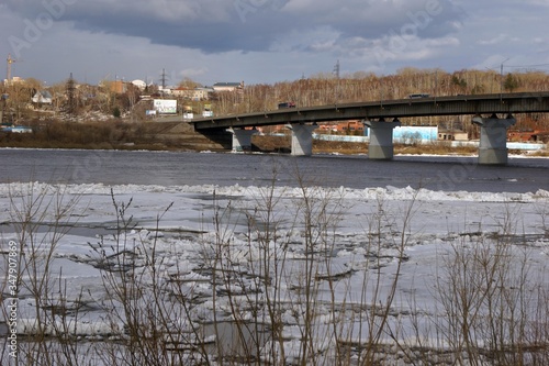 Spring ice drift on the Tom River in the city of Tomsk in Russia
