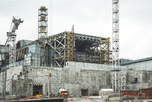 Chernobyl Abandoned Nuclear Plant. Nuclear Plant visible reactor no. 4 in Chernobyl Exclusion Zone. Won't be visible anymore as it's covered by the sarcophagus for the next hundred years. 