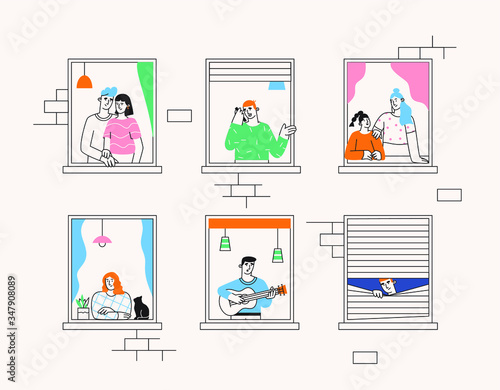 People staying home. Family take care  at home together. Social distancing. Good neighborhood on quarantine or self-isolation. House facade with windows and people look out of apartment. 