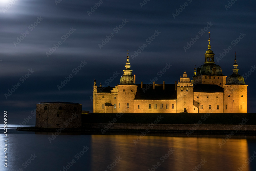 Kalmar, Sweden  The grounds of the Kalmar Castle at night and moonlight.