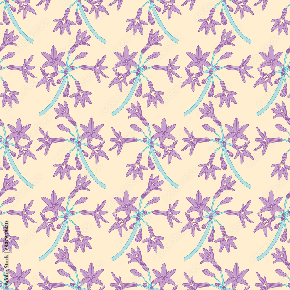 Six petals flower surface pattern design. Purple floral bunch seamless vector illustration.