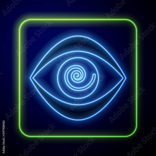 Glowing neon Hypnosis icon isolated on blue background. Human eye with spiral hypnotic iris