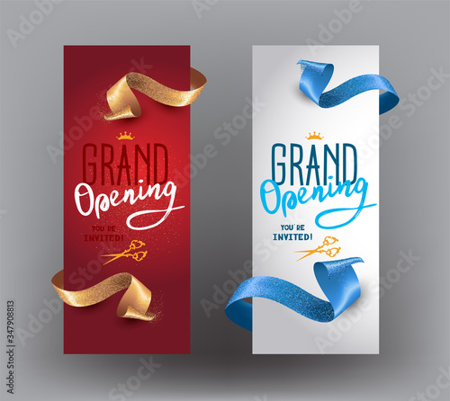 Grand opening banners with curly cut ribbons. Vector illustration