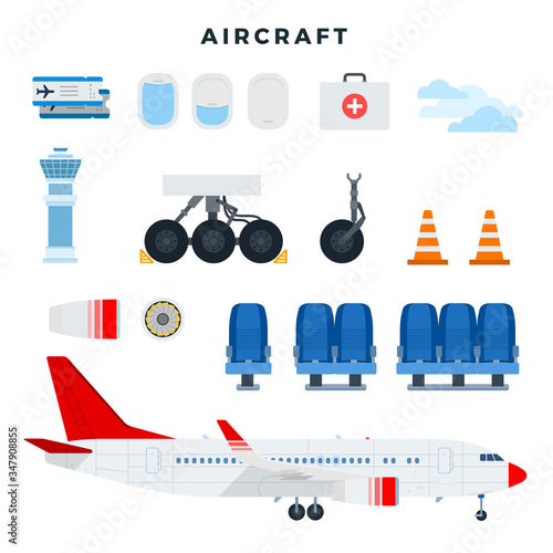 Aircraft and its components. Set of aircraft parts, isolated on white background. Vector illustration