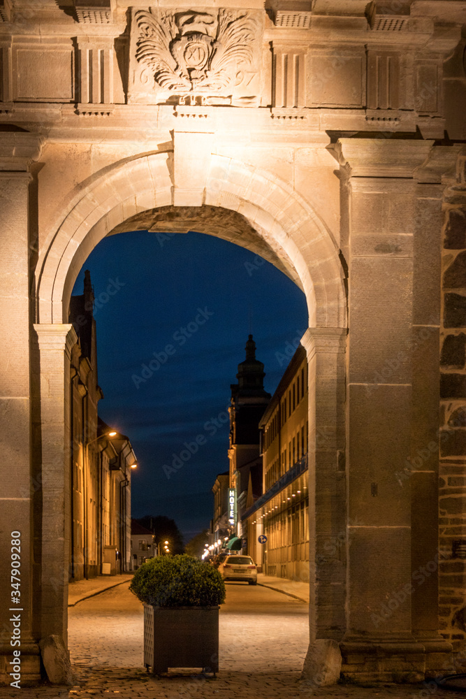 Kalmar, Sweden A gate through the old medieval city wall at night.