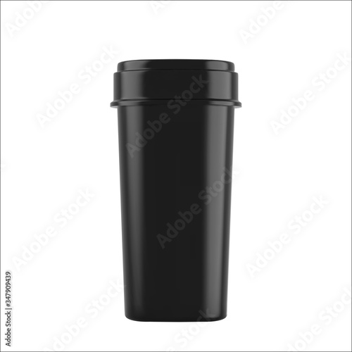 Realistic mock up black bottles for drugs, tablets. 3d Plastic blank medical containers isolated on white background. Vector illustration