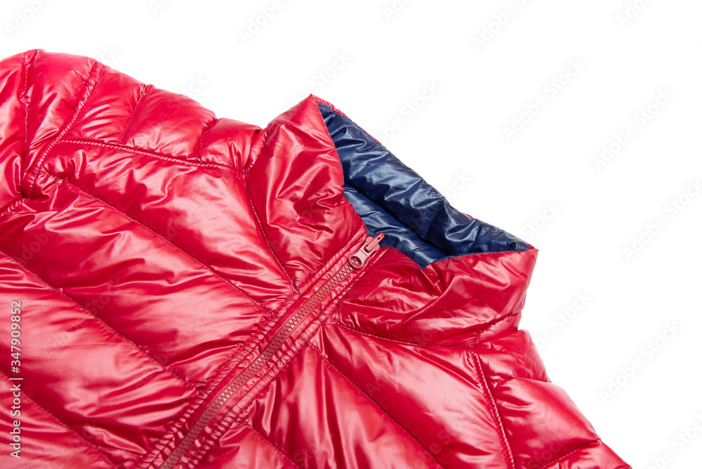 ฺBlue and red full zipper windbreaker down jacket, rain proof down jacket. Down jacket sport shiny nylon full zip isolated on white. 