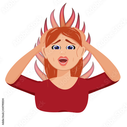 Flat vector character illustration. Conceptual image of emotional burnout. Burning brain of tired woman, weak health, mental exhausted. Woman is experiencing fear, depression, sadness, stress.
