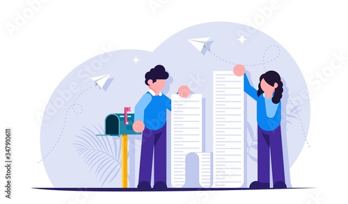 Man with long check for payment stands near mailbox. Modern flat vector illustration