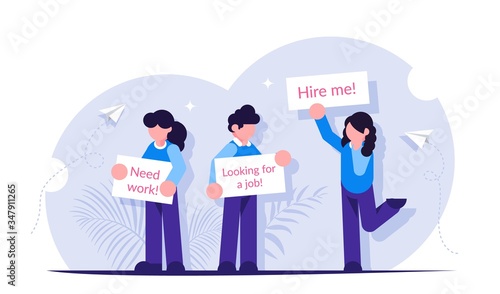 People stand with posters in search of work. Unemployment concept. Modern flat vector illustration.