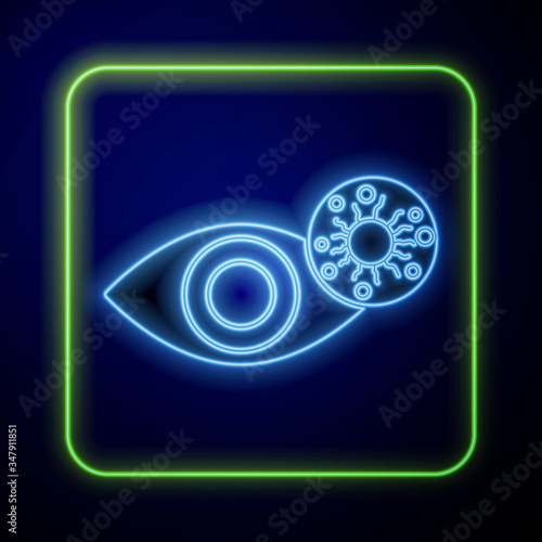 Glowing neon Reddish eye due to virus, bacterial or allergic conjunctivitis icon isolated on blue background