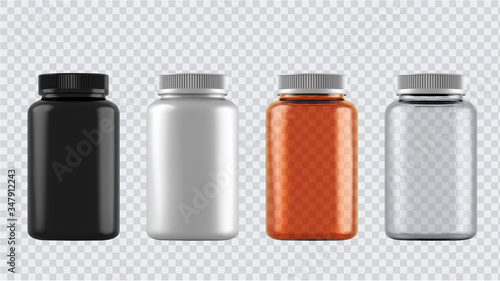 Realistic mock up bottles for drugs, tablets, drops and spray etc. 3d Plastic blank medical containers isolated on transparent background. Vector illustration