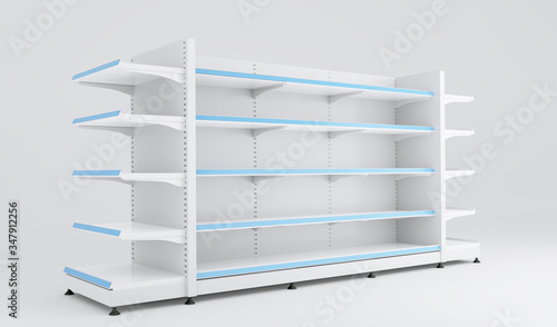 Empty store supermarket, food racks. 3d illustration. Blank retail shelf design, render. Store showcase mockup.