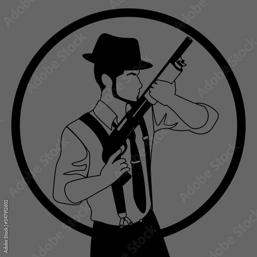 black and grey line art of old-fashioned faceless man with a shotgun