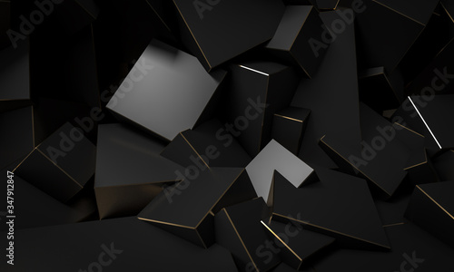 czarne sześcienne bloki ze złotymi krawędziami, minimalistyczne abstrakcyjne tło.
