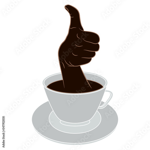 Isolated vector illustration. Cup of coffee with thumb up hand gesture of excellence. Extremely good beverage. Outstanding drink. Creative funny concept.