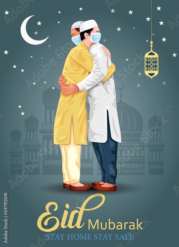 Eid-Al-Fitr Mubarak poster or banner design with illustration of young men hugging each other in occasion of Islamic Festival Eid Mubarak. corona virus, covid-19 concept 