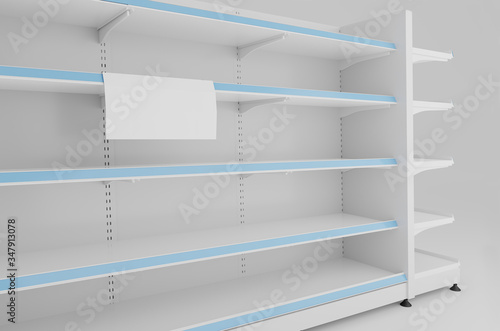 Empty store shelves, food racks. A sheet of paper attached to a shelf. Place for text. 3d illustration.
